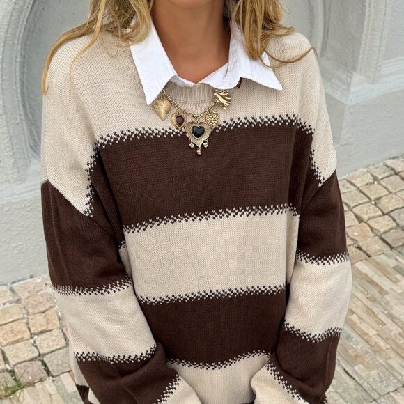 Coffee Brown Casual Women's Contrast Drop Shoulder Sweater - Picture 3 of 6